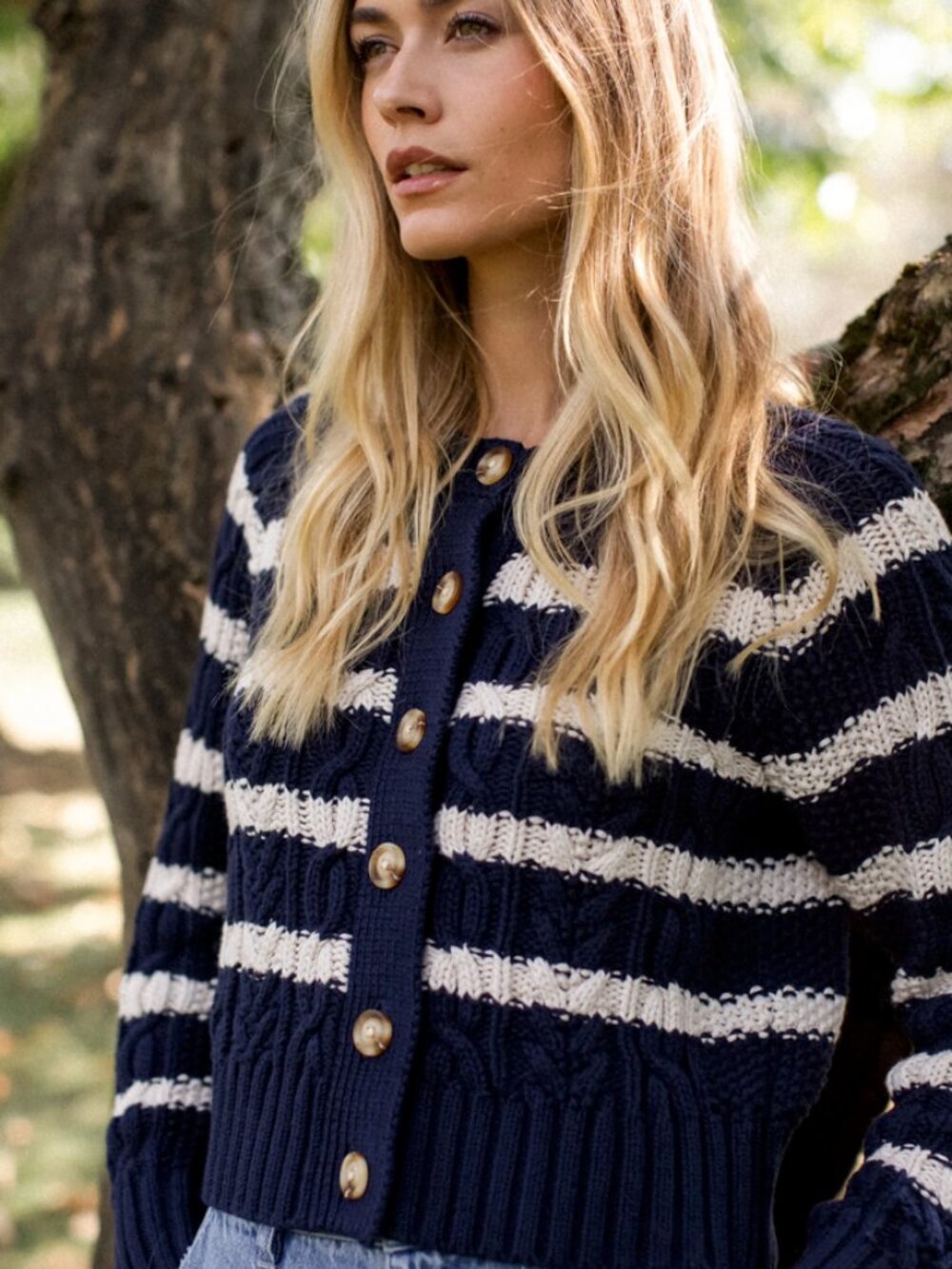 Marea by Liz Joy Striped Cable Cardigan - Navy/Ivory Stripe Small